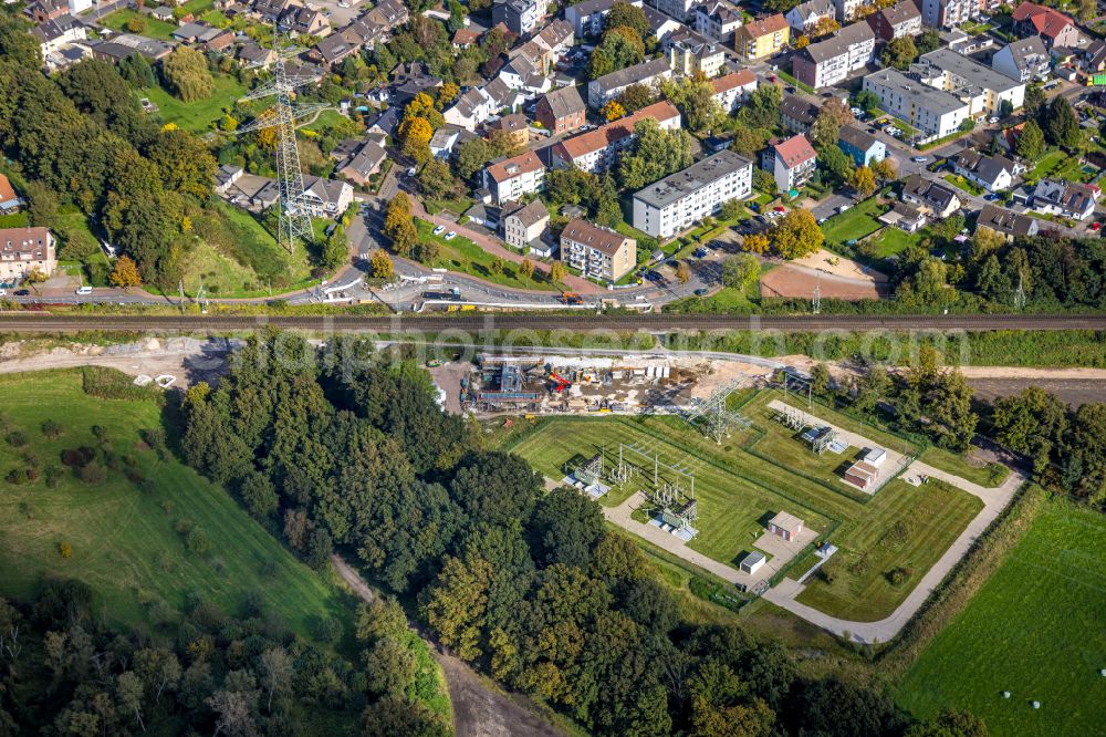 Aerial image Dinslaken - Construction site area for the new construction of the substation for voltage conversion and electrical power supply on street Landwehrstrasse in Dinslaken at Ruhrgebiet in the state North Rhine-Westphalia, Germany