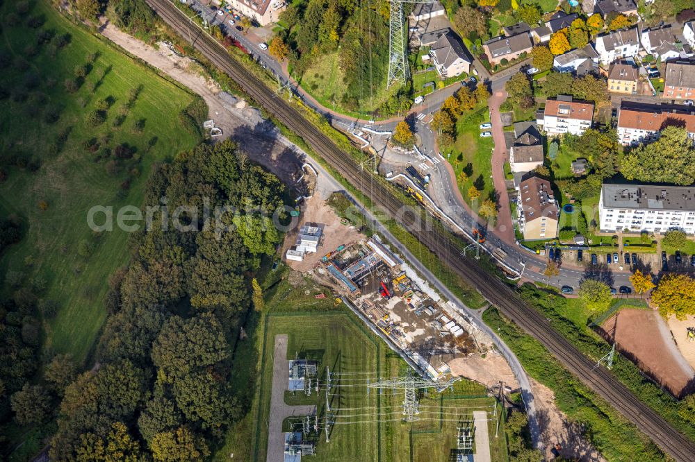 Aerial photograph Dinslaken - Construction site area for the new construction of the substation for voltage conversion and electrical power supply on street Landwehrstrasse in Dinslaken at Ruhrgebiet in the state North Rhine-Westphalia, Germany