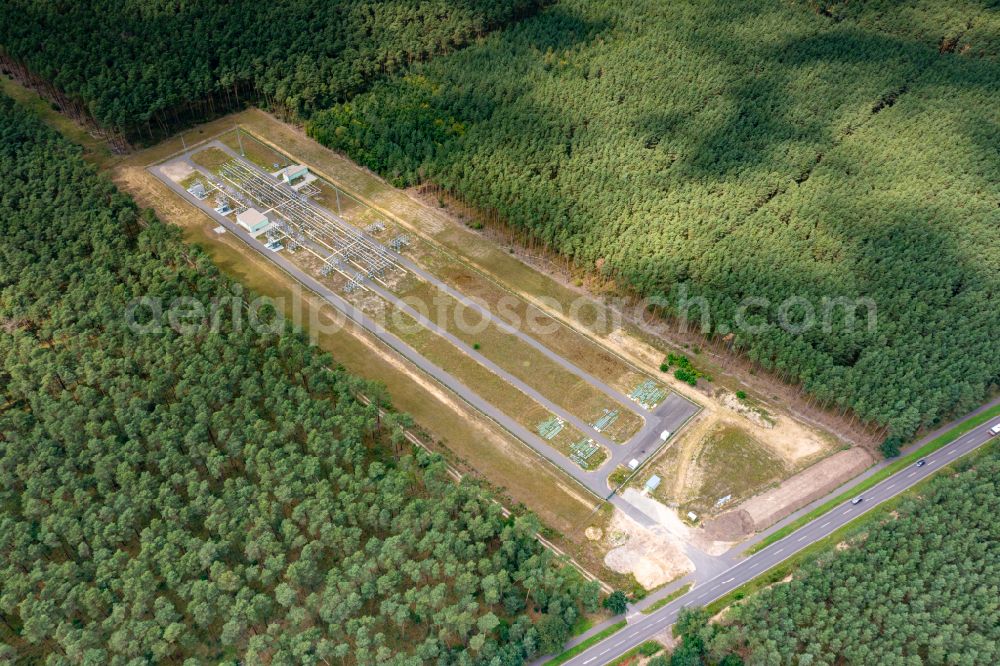 Aerial image Freienbrink - Construction site area for the new construction of the substation for voltage conversion and electrical power supply of the Umspannwerk Freienbrink at the Tesla Gigafactory in Freienbrink in the state Brandenburg, Germany