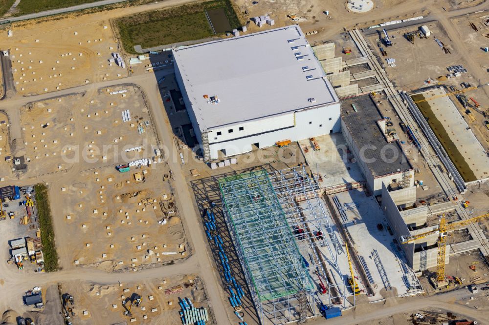 Osterath from above - Construction site for the new construction of the substation, converter for voltage conversion and electrical power supply on the street Alte Landwehr in Osterath in the state of North Rhine-Westphalia, Germany