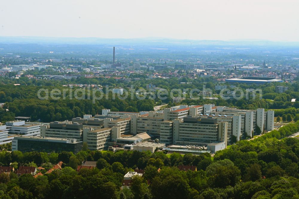 Bielefeld from above - Complementary new construction site on the campus-university building complex on street Universitaetsstrasse in Bielefeld in the state North Rhine-Westphalia, Germany