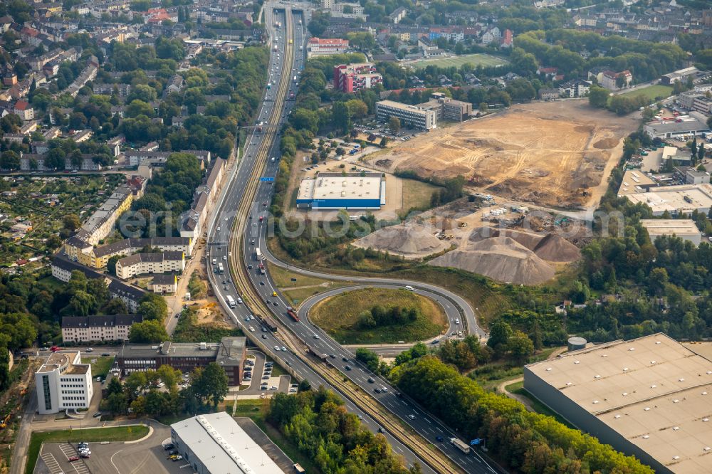 Essen from the bird's eye view: New construction of the company administration building ALDI-Nord Campus on Eckenbergstrasse in Essen at Ruhrgebiet in the state North Rhine-Westphalia, Germany