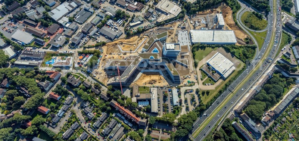 Essen from the bird's eye view: New construction of the company administration building ALDI-Nord Campus on Eckenbergstrasse in Essen at Ruhrgebiet in the state North Rhine-Westphalia, Germany