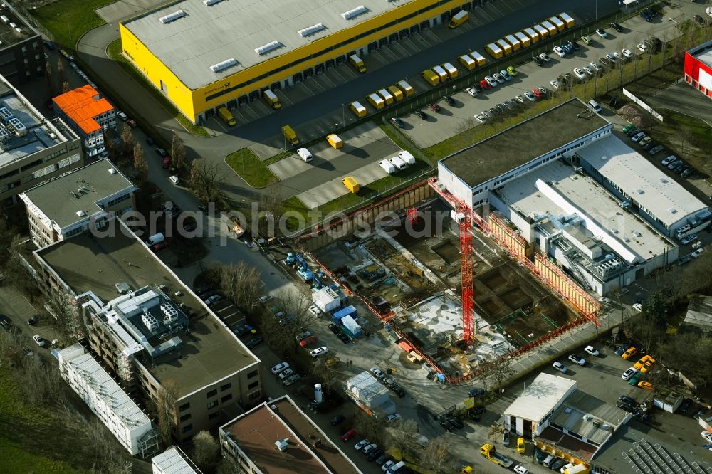 Aerial image Berlin - New construction of the company administration building of Berliner Glas KGaA Herbert Kubatz GmbH & Co. on Waldkraiburger Strasse in the district Britz in Berlin, Germany