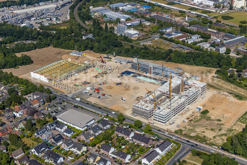 Aerial image Moers - New construction of the company administration building of EDEKA Handelsgesellschaft Rhein-Ruhr mbH on Rheinberger Strasse in the district Repelen in Moers in the state North Rhine-Westphalia, Germany