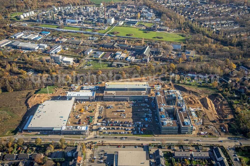 Moers from above - New construction of the company administration building of EDEKA Handelsgesellschaft Rhein-Ruhr mbH on Rheinberger Strasse in the district Repelen in Moers in the state North Rhine-Westphalia, Germany