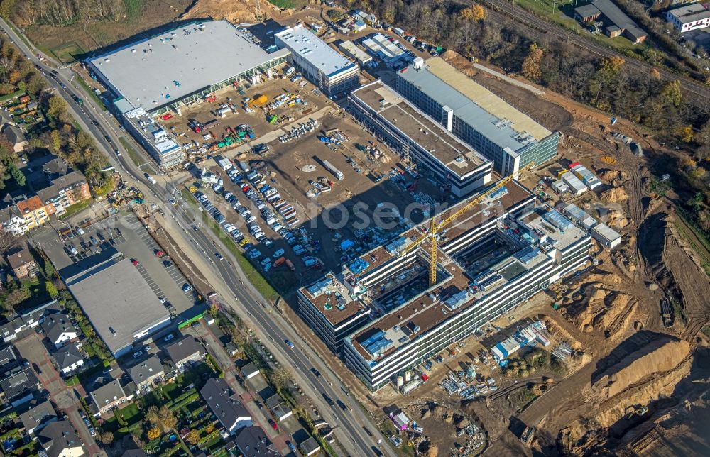 Aerial image Moers - New construction of the company administration building of EDEKA Handelsgesellschaft Rhein-Ruhr mbH on Rheinberger Strasse in the district Repelen in Moers in the state North Rhine-Westphalia, Germany