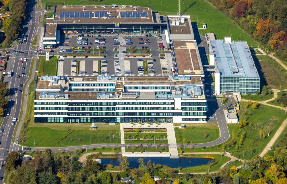 Aerial image Moers - New construction of the company administration building of EDEKA Handelsgesellschaft Rhein-Ruhr mbH on Rheinberger Strasse in the district Repelen in Moers in the state North Rhine-Westphalia, Germany