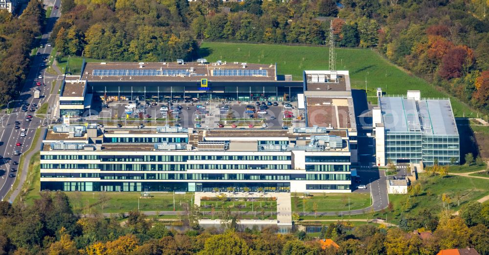 Aerial image Moers - New construction of the company administration building of EDEKA Handelsgesellschaft Rhein-Ruhr mbH on Rheinberger Strasse in the district Repelen in Moers in the state North Rhine-Westphalia, Germany