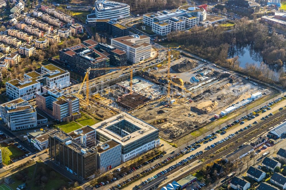 Ratingen from the bird's eye view: New construction of the company administration building Esprit Europe GmbH Headquarters in the district Homberg in Ratingen in the state North Rhine-Westphalia, Germany