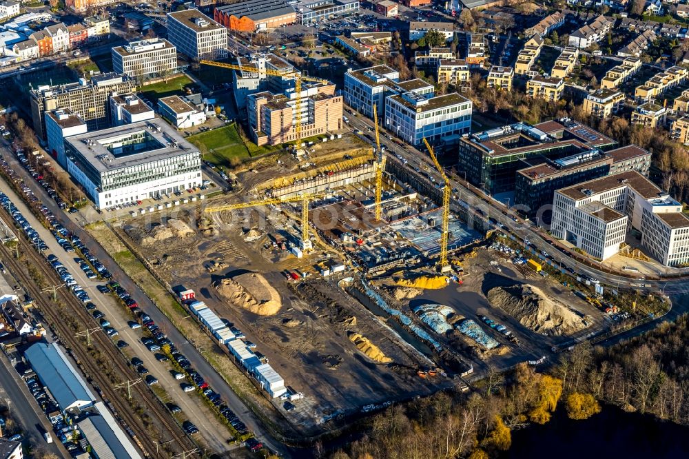 Ratingen from above - New construction of the company administration building Esprit Europe GmbH Headquarters in the district Homberg in Ratingen in the state North Rhine-Westphalia, Germany