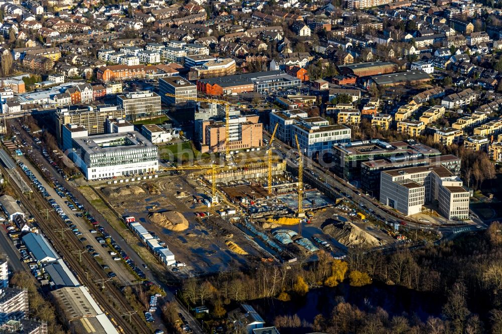 Ratingen from above - New construction of the company administration building Esprit Europe GmbH Headquarters in the district Homberg in Ratingen in the state North Rhine-Westphalia, Germany