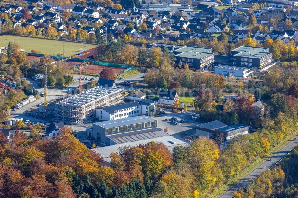 Schmallenberg from above - New construction of the company administration building of FELDHAUS Unternehmensgruppe on street Auf dem Loh in Schmallenberg at Sauerland in the state North Rhine-Westphalia, Germany