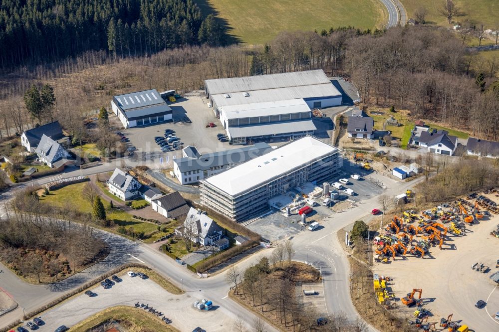 Schmallenberg from above - New construction of the company administration building of FELDHAUS Unternehmensgruppe on street Auf dem Loh in Schmallenberg at Sauerland in the state North Rhine-Westphalia, Germany