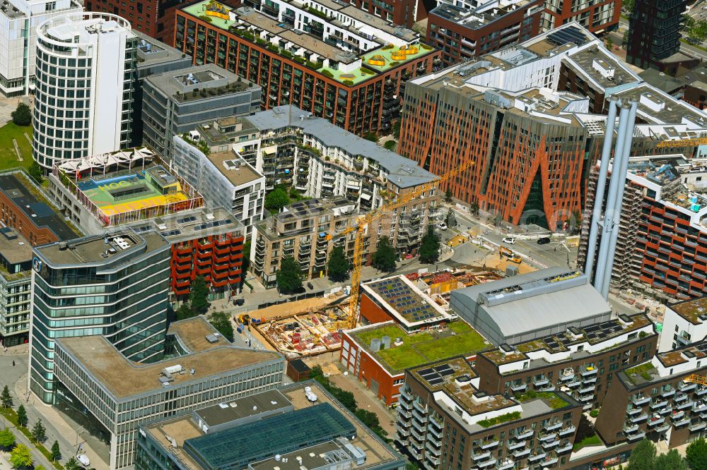 Hamburg from the bird's eye view: Construction site for the new company administration building as a zero-emissions building of HafenCity Hamburg GmbH on Am Dalmannkai in the HafenCity district of Hamburg, Germany