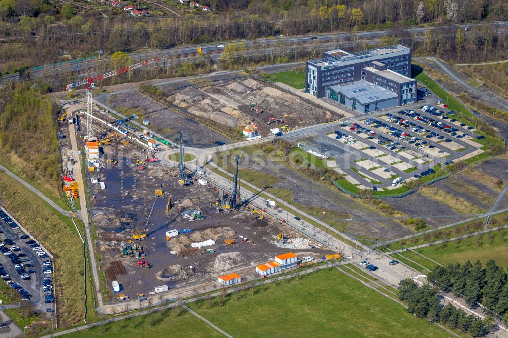 Dortmund from the bird's eye view: New construction of the company administration building of Materna Information & Communications SE on street Robert-Schuman-Strasse in the district Phoenix West in Dortmund at Ruhrgebiet in the state North Rhine-Westphalia, Germany