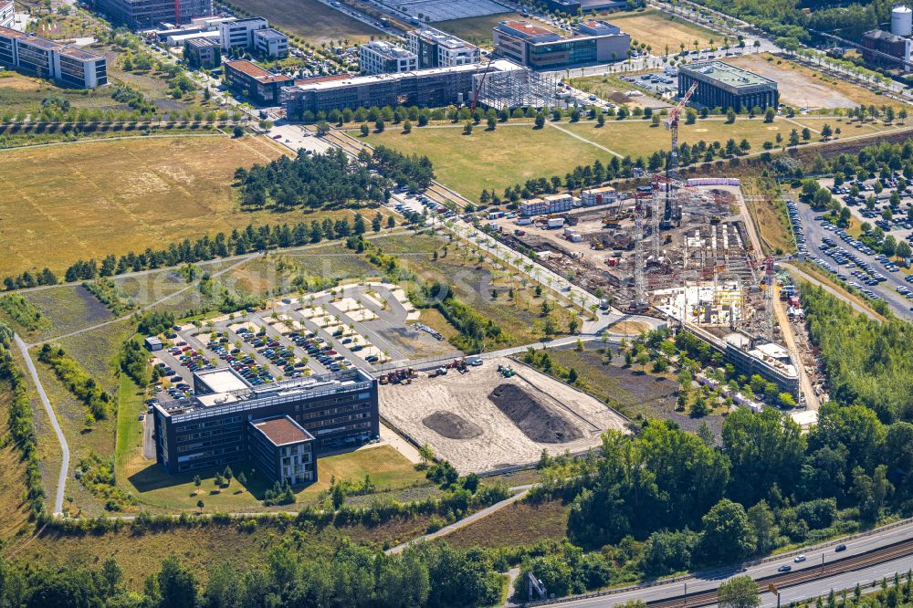 Aerial image Dortmund - New construction of the company administration building of Materna Information & Communications SE on street Robert-Schuman-Strasse in the district Phoenix West in Dortmund at Ruhrgebiet in the state North Rhine-Westphalia, Germany