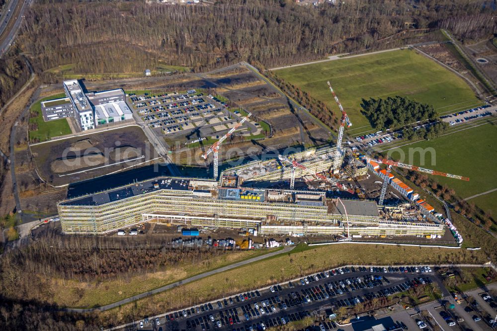 Aerial photograph Dortmund - New construction of the company administration building of Materna Information & Communications SE on street Robert-Schuman-Strasse in the district Phoenix West in Dortmund at Ruhrgebiet in the state North Rhine-Westphalia, Germany