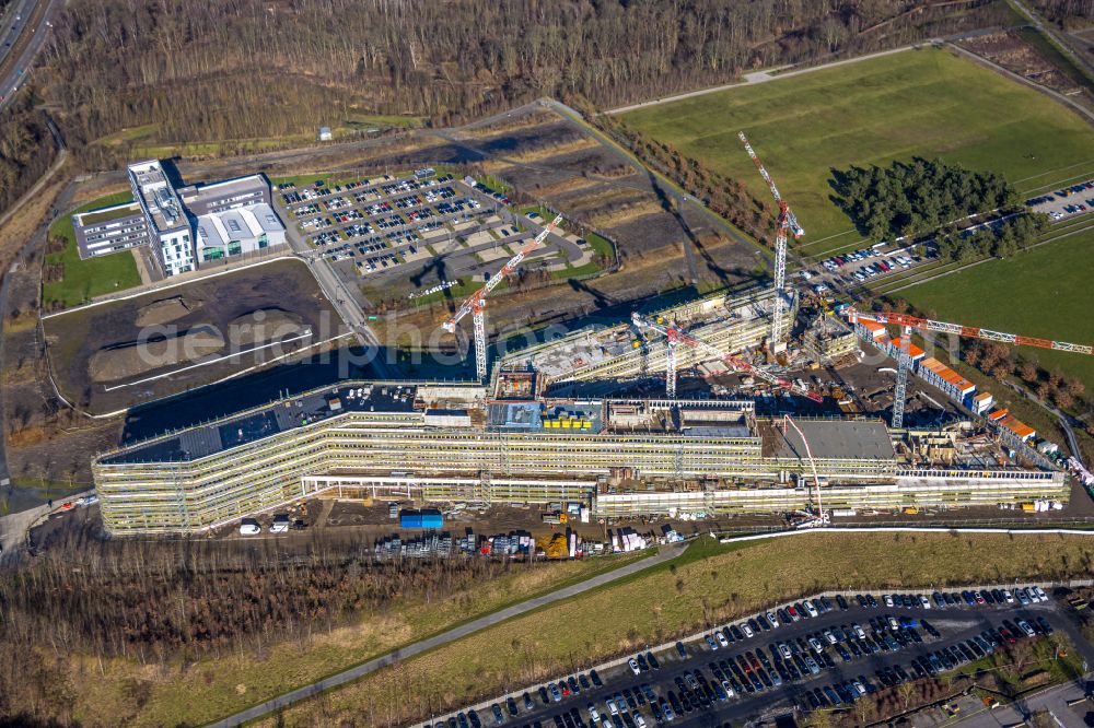 Dortmund from above - New construction of the company administration building of Materna Information & Communications SE on street Robert-Schuman-Strasse in the district Phoenix West in Dortmund at Ruhrgebiet in the state North Rhine-Westphalia, Germany