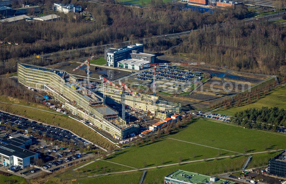 Aerial image Dortmund - New construction of the company administration building of Materna Information & Communications SE on street Robert-Schuman-Strasse in the district Phoenix West in Dortmund at Ruhrgebiet in the state North Rhine-Westphalia, Germany