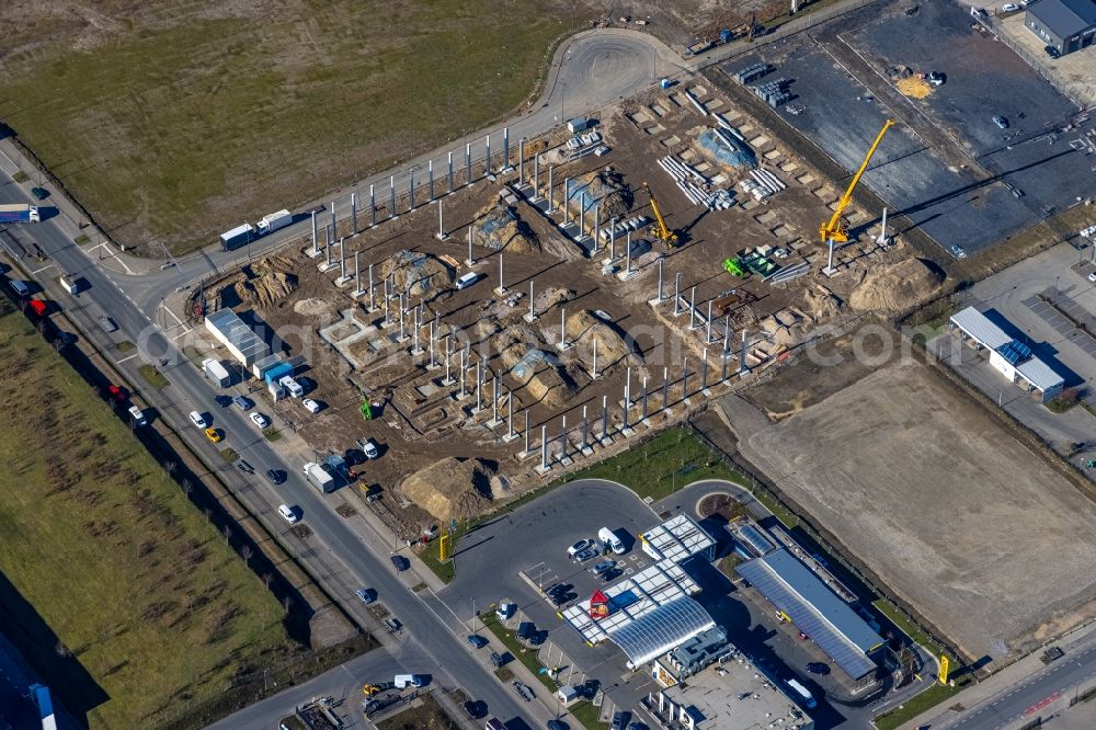 Gelsenkirchen from above - New construction of the company administration building of the NAVAHOO GmbH on Europastrasse in the district Bulmke-Huellen in Gelsenkirchen at Ruhrgebiet in the state North Rhine-Westphalia, Germany