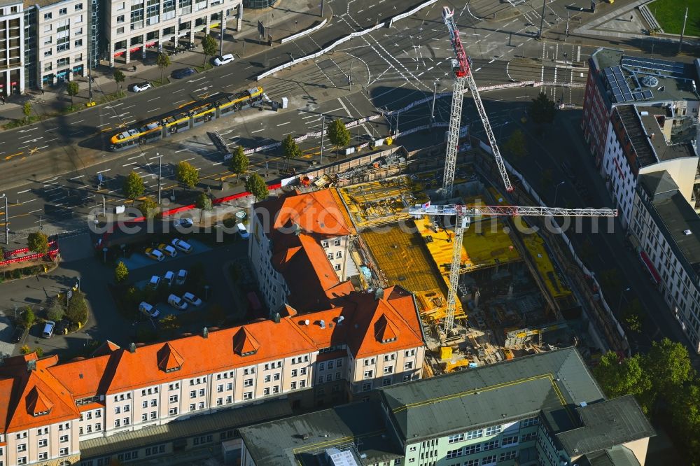 Leipzig from above - New construction of the company administration building Grimmaische Steinweg - Johannisgasse in Leipzig in the state Saxony, Germany