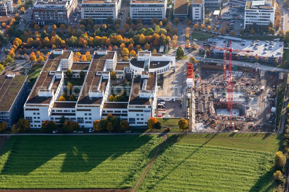 Weilimdorf from above - New construction of the company administration building of Siemens AG on Weissacher Strasse in Weilimdorf in the state Baden-Wurttemberg, Germany