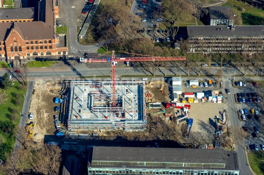 Aerial image Duisburg - New construction of the company administration building of thyssenkrupp Steel Europe AG on Franz-Lenze-Strasse in Duisburg at Ruhrgebiet in the state North Rhine-Westphalia, Germany