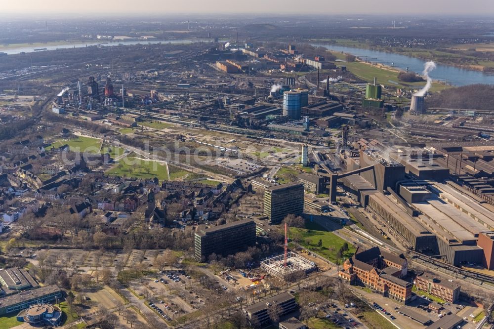 Duisburg from above - New construction of the company administration building of thyssenkrupp Steel Europe AG on Franz-Lenze-Strasse in Duisburg at Ruhrgebiet in the state North Rhine-Westphalia, Germany