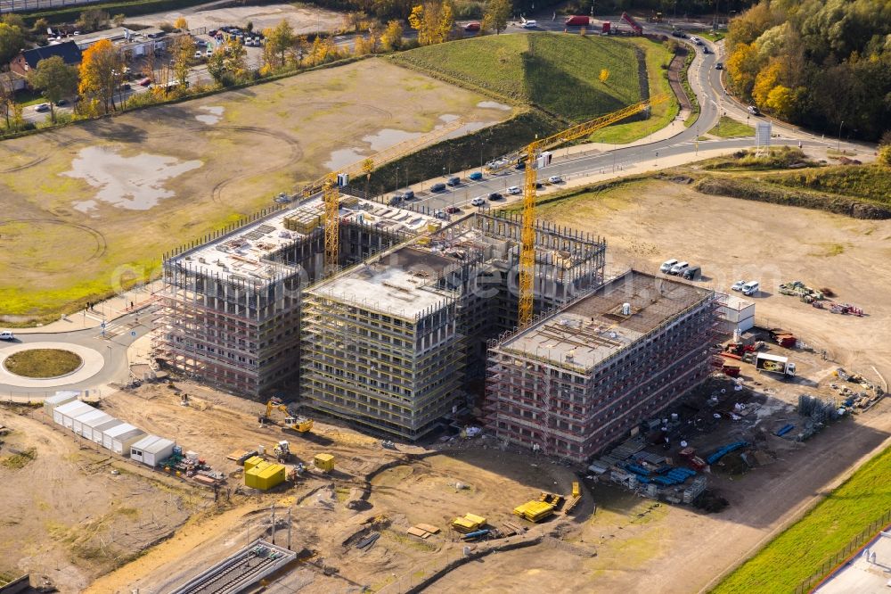 Bochum from the bird's eye view: New construction of the company administration building O-Werk on street Suttner-Nobel-Allee in Bochum at Ruhrgebiet in the state North Rhine-Westphalia, Germany