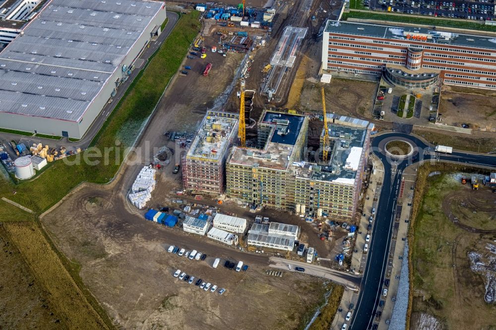 Bochum from above - New construction of the company administration building O-Werk on street Suttner-Nobel-Allee in the district Laer in Bochum at Ruhrgebiet in the state North Rhine-Westphalia, Germany