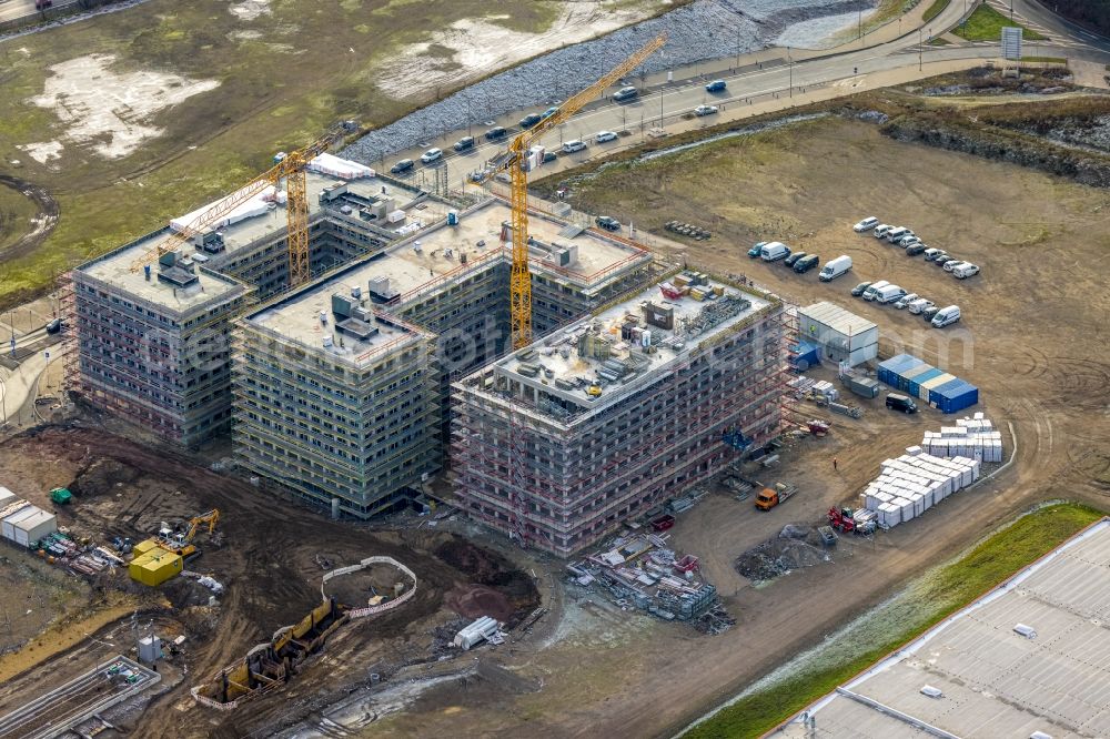 Aerial image Bochum - New construction of the company administration building O-Werk on street Suttner-Nobel-Allee in the district Laer in Bochum at Ruhrgebiet in the state North Rhine-Westphalia, Germany