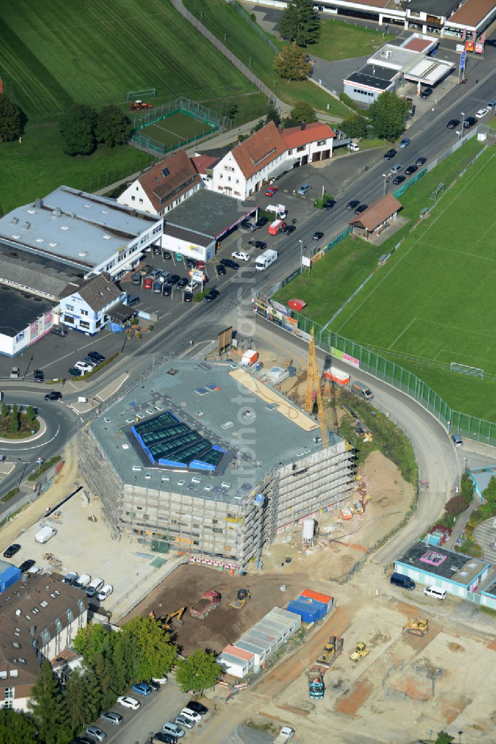 Aerial image Lohr am Main - Construction site of building the indoor arena Stadthalle on street Jahnstrasse in Lohr am Main in the state Bavaria, Germany