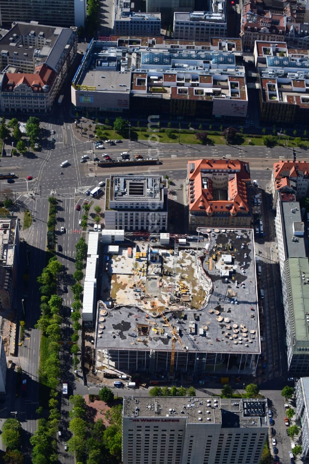 Leipzig from above - Construction site of banking administration building of the financial services company SAB - Forum - Saechsische Aufbaubank in Leipzig in the state Saxony, Germany