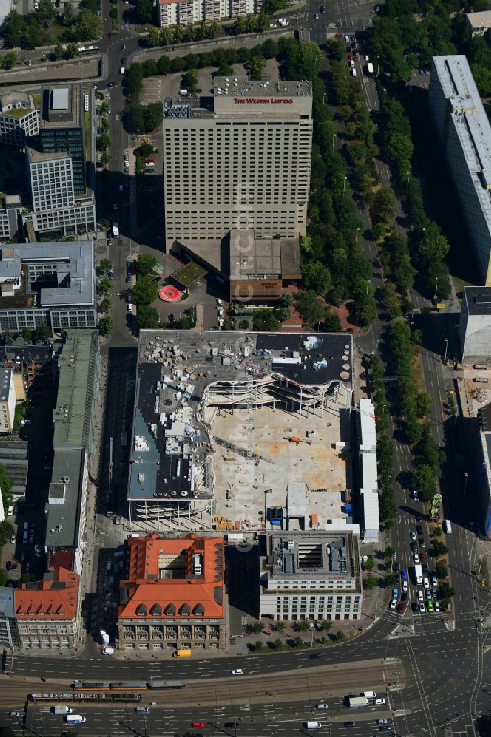 Aerial image Leipzig - Construction site of banking administration building of the financial services company SAB - Forum - Saechsische Aufbaubank in Leipzig in the state Saxony, Germany