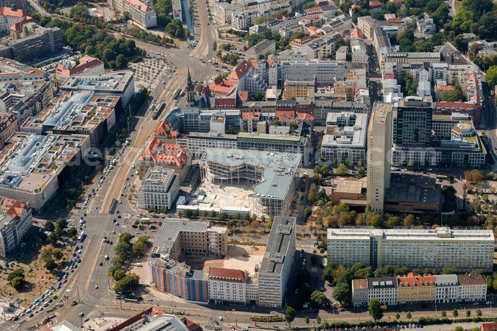 Leipzig from the bird's eye view: Construction site of banking administration building of the financial services company SAB - Forum - Saechsische Aufbaubank in Leipzig in the state Saxony, Germany