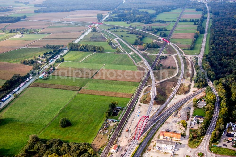 Aerial photograph Eckwersheim - New construction site viaduct of the railway bridge construction crosssing the Marne-Rhine Channel in Eckwersheim in Grand Est, France