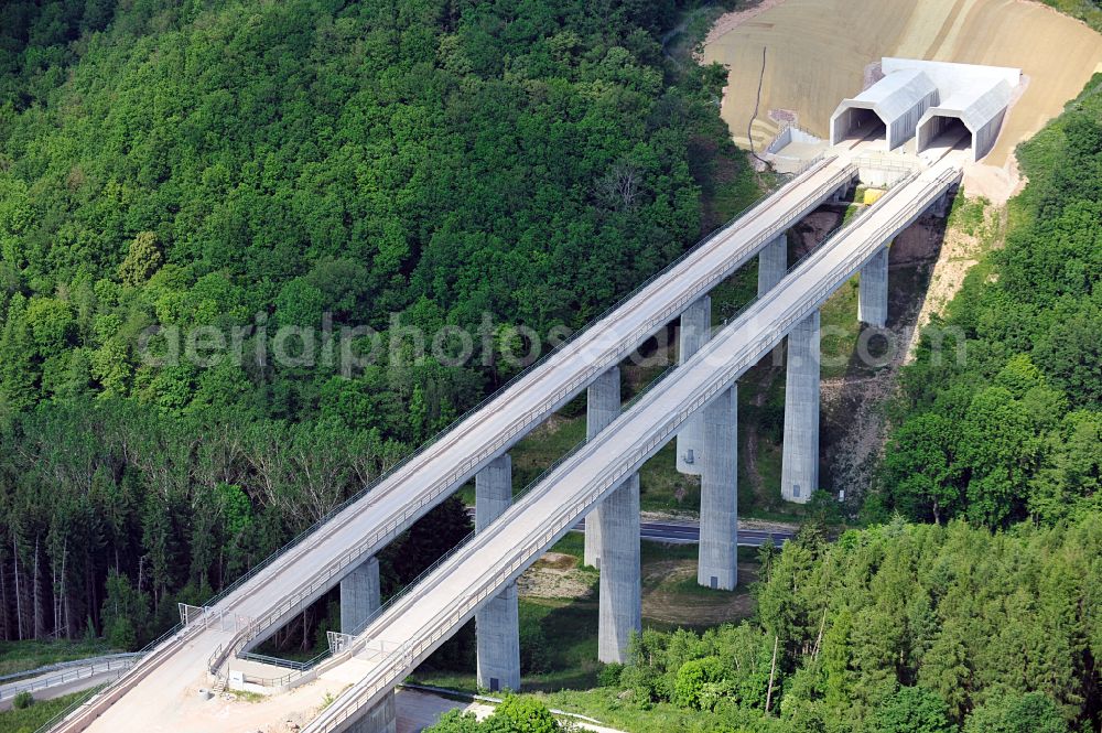 Finneland from above - New construction site viaduct of the railway bridge construction Saubachtalbruecke in Finneland in the state Saxony-Anhalt, Germany