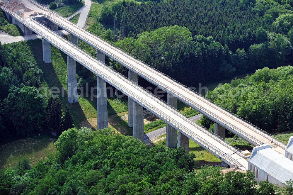 Finneland from above - New construction site viaduct of the railway bridge construction Saubachtalbruecke in Finneland in the state Saxony-Anhalt, Germany