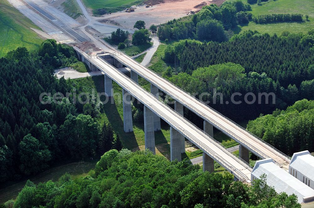 Finneland from the bird's eye view: New construction site viaduct of the railway bridge construction Saubachtalbruecke in Finneland in the state Saxony-Anhalt, Germany