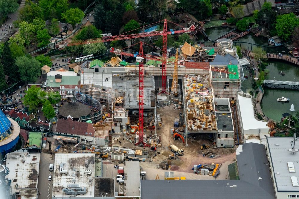 Rust from above - New works after fire of the buildings and halls of the Europa-Park Rust in the state Baden-Wurttemberg, Germany