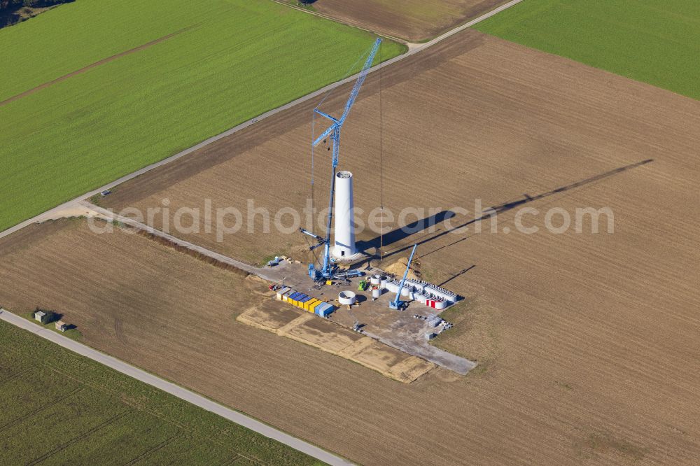 Aerial photograph Grevenbroich - Agricultural land and fields with new construction site for the construction of wind turbines on street Roeckrather Strasse in Grevenbroich in the state North Rhine-Westphalia, Germany