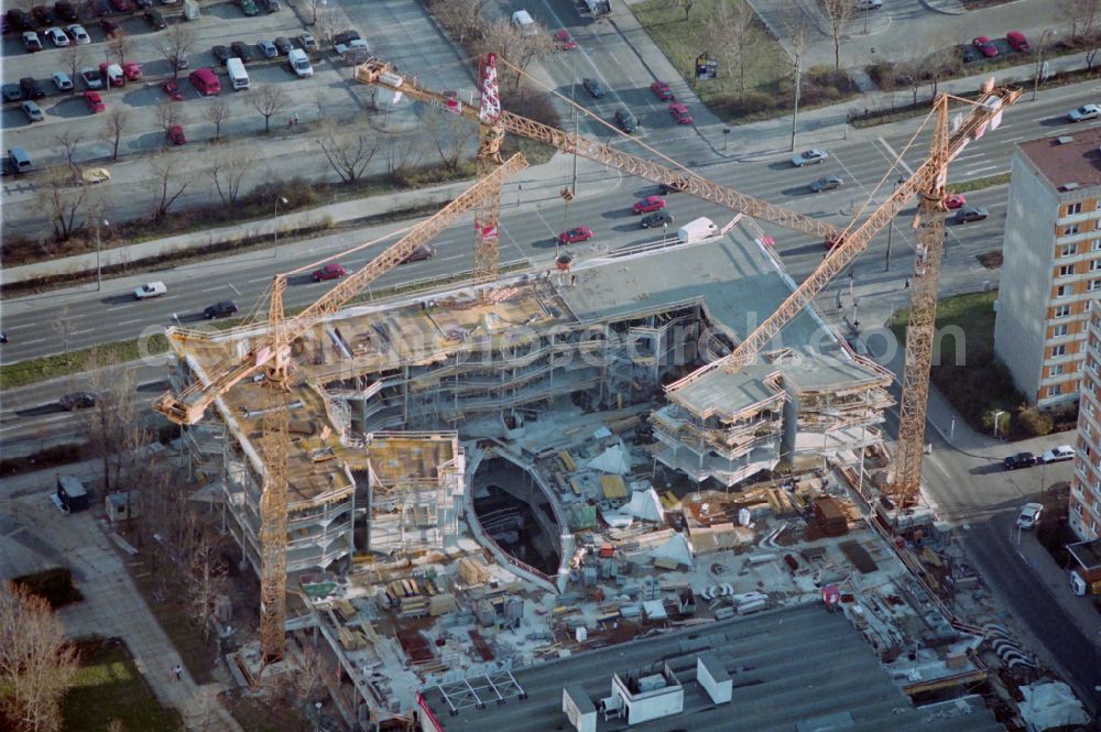 Berlin from above - New construction of a residential and commercial building Castello Kiez Center on street Landsberger Allee in the district Lichtenberg in Berlin, Germany