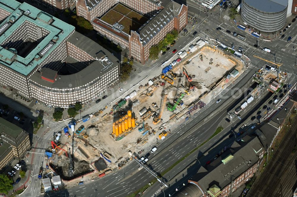 Hamburg from above - Construction site for the construction of a multi-family residential and commercial building Johannis-Kontor in the old town in Hamburg, Germany