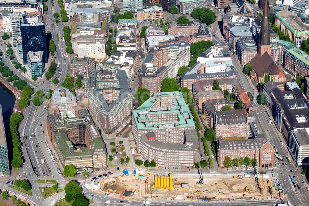 Aerial image Hamburg - Construction site for the construction of a multi-family residential and commercial building Johannis-Kontor in the old town in Hamburg, Germany