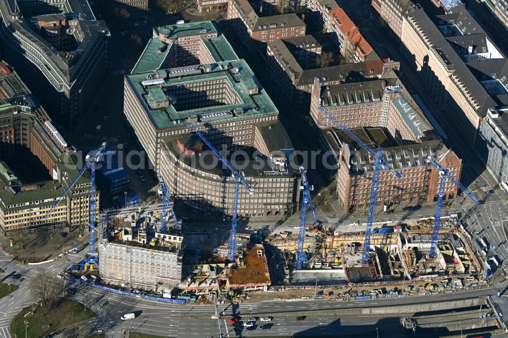 Hamburg from the bird's eye view: Construction site for the construction of a multi-family residential and commercial building Johannis-Kontor at Deichtorplatz in the old town in Hamburg, Germany