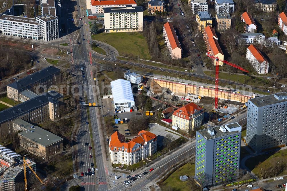 Aerial image Dresden - New construction of a residential and commercial building on Fritz-Loeffler-Platz- Bergstrasse in the district Suedvorstadt in Dresden in the state Saxony, Germany