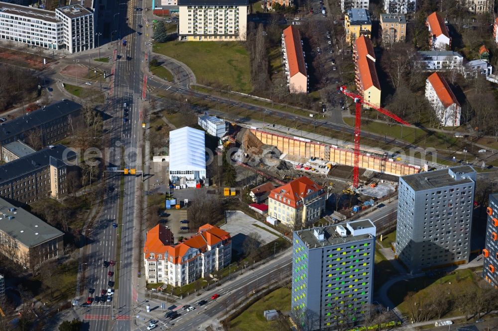 Aerial photograph Dresden - New construction of a residential and commercial building on Fritz-Loeffler-Platz- Bergstrasse in the district Suedvorstadt in Dresden in the state Saxony, Germany