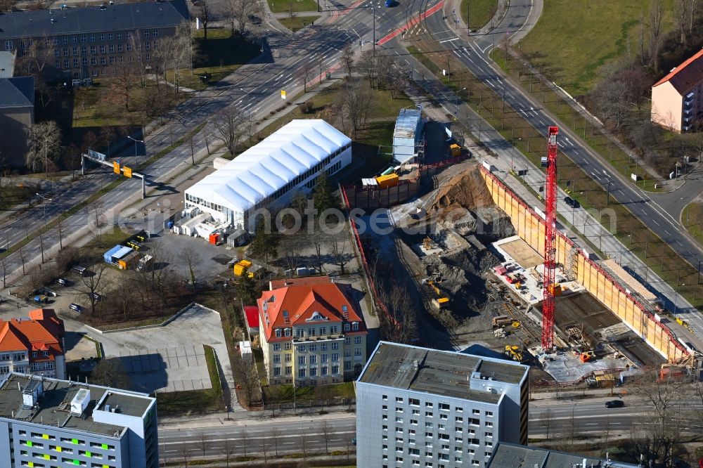 Dresden from above - New construction of a residential and commercial building on Fritz-Loeffler-Platz- Bergstrasse in the district Suedvorstadt in Dresden in the state Saxony, Germany