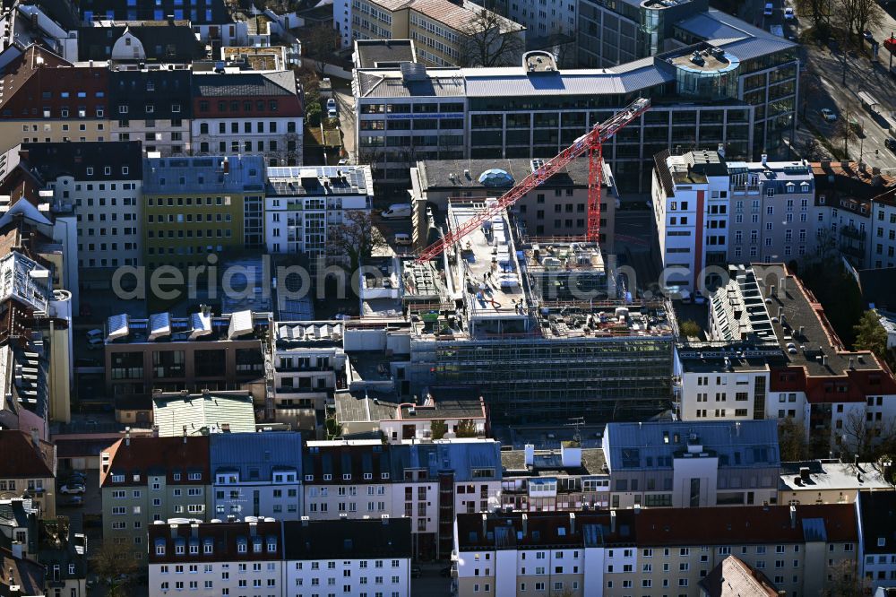 München from the bird's eye view: New construction of a residential and commercial building Haus of Fussballs on street Brienner Strasse in the district Maxvorstadt in Munich in the state Bavaria, Germany